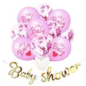 Baby shower party set with pink OH Baby balloons, sequins, and golden mirror banner