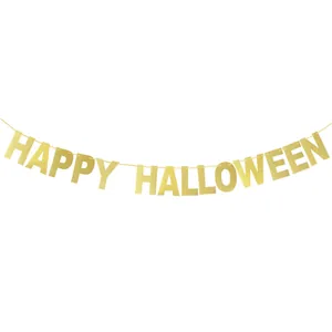 Pancarta dorada brillante de Happy Halloween para decoración de fiestas en fondo blanco