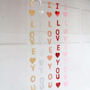 I Love You Heart Mirror Paper Garland Vertical Hanging Banner For Valentine's Day Wedding Anniversary Party Decor