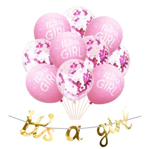 Pink and gold It's a Girl party decoration set with latex balloons and glitter banner