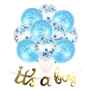 Blue It's a Boy baby shower decoration kit with balloons and gold mirror banner