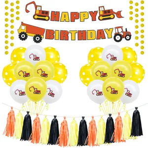 Construction party decor set with excavator banners, themed balloons and festive tassels