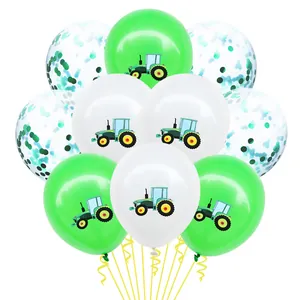 Detailansicht der Traktor-Partyballons mit grünem Druck und grünem Konfetti-Inhalt