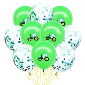 Detail von 12-Zoll Traktor-Partyballons mit grünem Latex und transparenten Konfetti-Pailletten