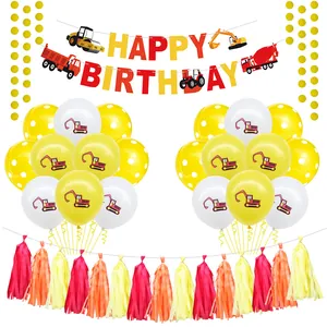 Construction excavator happy birthday banner set with themed balloons and tassels for boys