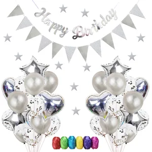 Kit de bannière Happy Birthday argentée avec étoiles et ballons de fête chromés