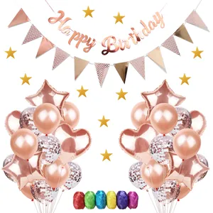 Kit décoration anniversaire or rose avec bannière Happy Birthday ballons et rubans