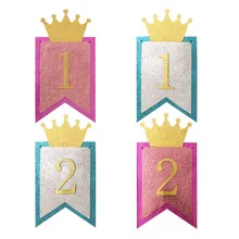 Banderines brillantes con números 1 y 2 y coronas para decorar fiestas de cumpleaños