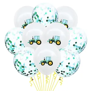 Details von Traktor-Ballons und grünen Pailletten-Konfetti-Ballons mit gelben Bändern