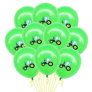 Details von grünen Traktor-Latexballons mit gelben Bändern für Bauernhof-Partydeko