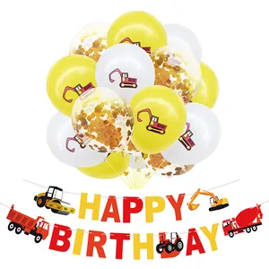 Construction excavator themed birthday party set with balloons and happy birthday banner