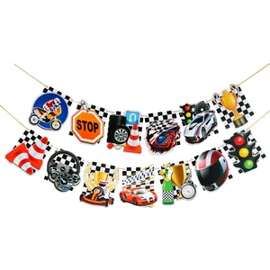 Racing theme party banner with race car, trophy, and checkered flag on white background
