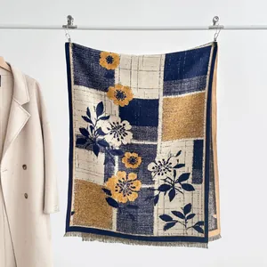 Vintage Floral Patchwork Faux Cashmere Scarf For Women Thick Warm Shawl Wrap With Tassels Retro Jacquard Winter Muffler