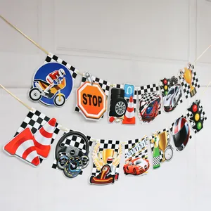 Racing car theme party banner with checkered flags, helmets and racing car motifs