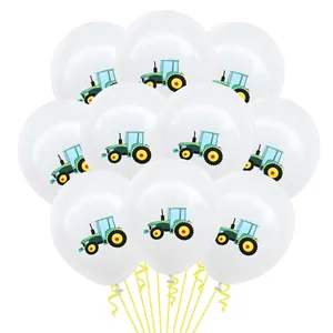 Weiße Latexballons mit grünen Traktormotiven und gelben Bändern für Bauernhofpartys