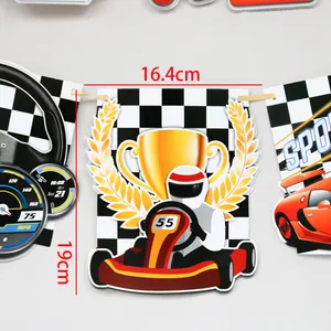 Racing car theme party banner with kart driver and steering wheel cartoon paper cards