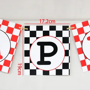 Detail showing the 17.2x19cm racing flag dimensions for checkered party bunting banners