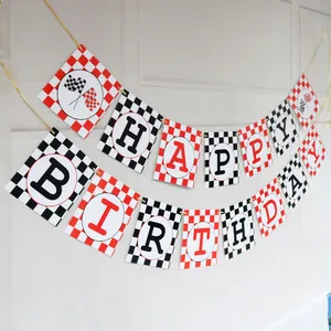 Racing themed Happy Birthday banner with checkered flags for motorcycle party decoration