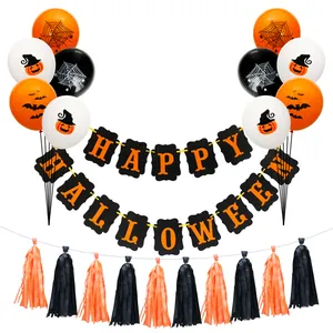 Set de globos de Halloween con pancarta Happy Halloween y borlas naranja y negro
