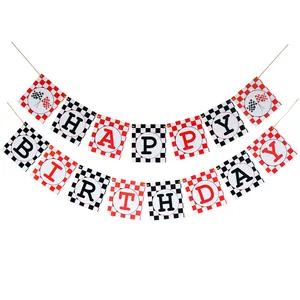Racing themed Happy Birthday banner with black white checkered patterns and car motifs