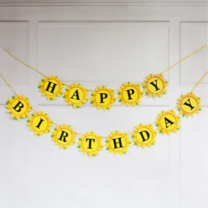 Πανό Happy Birthday με ηλιοτρόπια και κίτρινες σημαίες για διακόσμηση παιδικού πάρτι