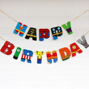 Detail of Happy Birthday banner with superhero themed alphabet designs for car party