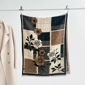 Winter faux cashmere scarf with vintage floral oil painting patterns and tassels