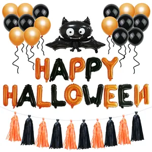 Set de decoración Halloween con globos naranja negro y globo murciélago metal