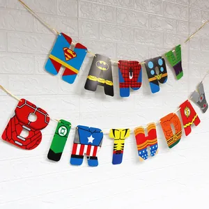 Macro view of superhero-themed Happy Birthday banner with classic comic character icons