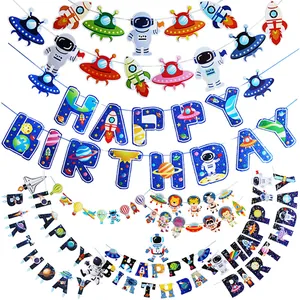 Astronaut Ruimte Verjaardag Banner Raket Planeet UFO Banner Slinger Voor Kinderen Kosmische Thema Verjaardagsfeest Decoraties