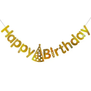 Striscione dorato Happy Birthday con cappellino per decorazioni moderne per feste