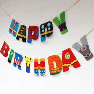 Detail of Superhero themed Happy Birthday banner featuring iconic comic character patterns