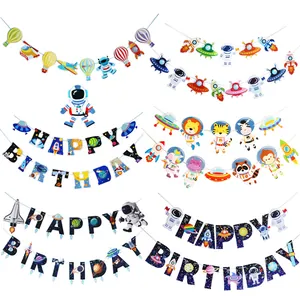 Ruimte thema Happy Birthday banner set met astronauten, raketten en planeten