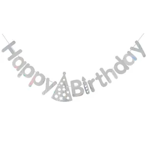 Striscione Happy Birthday iridescente argento laser con decorazione cappello festa