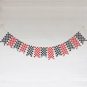 Racing checkered bunting banner with red and black flags on a gold string for party decor
