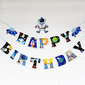 Ruimte thema Happy Birthday slinger met astronaut, UFO en raket feest decoratie