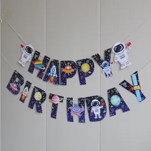 Space-themed Happy Birthday banner with astronaut and rocket illustrations for party decor