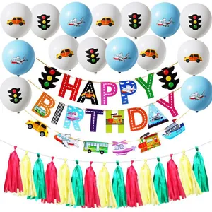 Kit décoration anniversaire thème transport avec ballons et bannières de véhicules