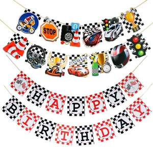 Race thema verjaardag banner set met finishvlaggen en autosport pictogrammen