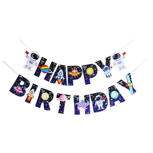 Close-up of Happy Birthday banner with cartoon astronaut and rocket space theme icons