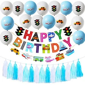 Ballon Transport Dessin Animé Happy Birthday Bannière Avion Voiture Feu Signalisation Thème Décoration Fête Latex