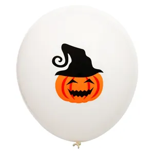 Weißer Halloween-Luftballon aus Latex mit orangefarben mit orangefarben mit orangefarbenem Kürbis und schwarzem Hexenhut für Partys