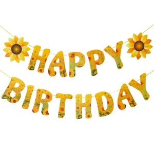 Bannière Happy Birthday tournesol avec motifs floraux jaunes pour décoration