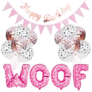 Kit d'anniversaire pour chien rose avec ballons WOOF et guirlande à motifs de pattes