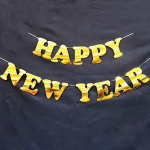 2026 Gold Mirror Paper Happy New Year Banner Garland Metallic Hanging Letter Sign For New Year Eve Party Decorations