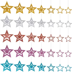 Hollow Star Hanging Decorations Glitter Cardstock Ornaments For Christmas New Year Birthday Party Ceiling Garland Gold Silver Blue Rose Gold Stars