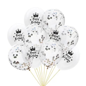 Set di palloncini bianchi Happy Birthday con logo corona e palloncini con coriandoli