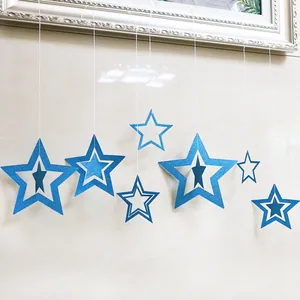 Set of 7 blue glitter cutout star hanging ornaments for Christmas and party decoration