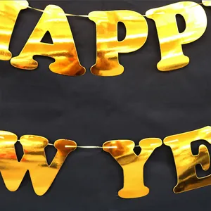 Golden laser Happy New Year banner set with reflective metallic letters on black background