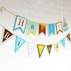 Blue and yellow Happy Birthday bunting banner with gold foil triangle and fishtail flags